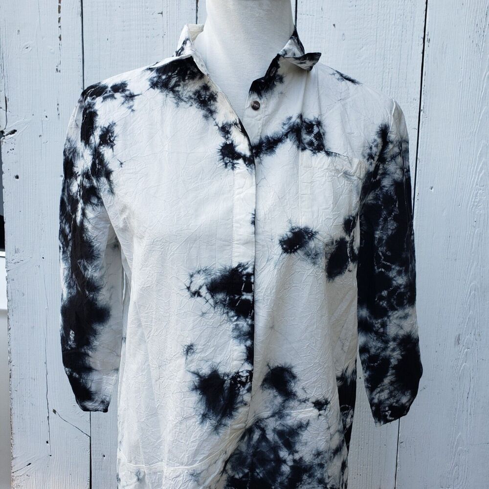 XCVI Women White Tie Dye Collared Half Button 3/4 Sleeve Cotton Blend Tunic Sz L - Picture 3 of 10